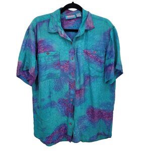 Karuba womens medium blue purple tie dye water color button up short sleeve silk